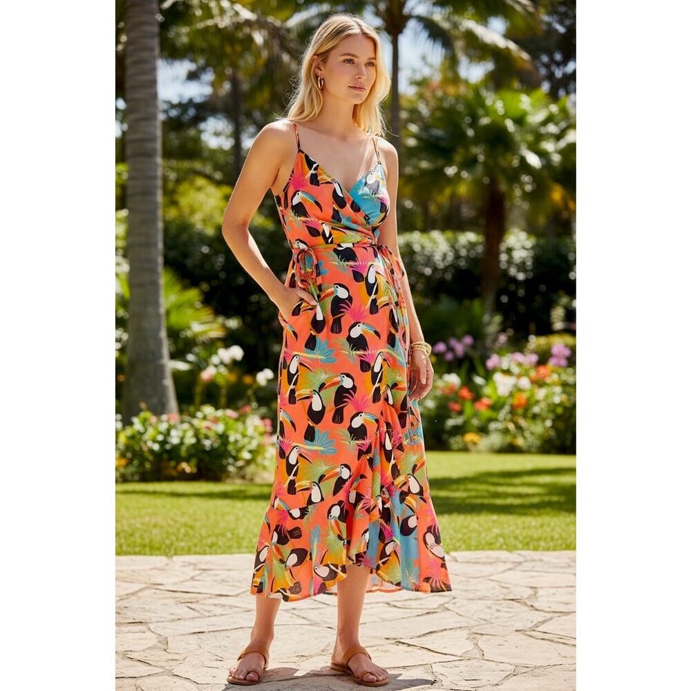 Anthropologie x FARM Rio Size S Toucan Tropical Print Wrap Maxi Dress